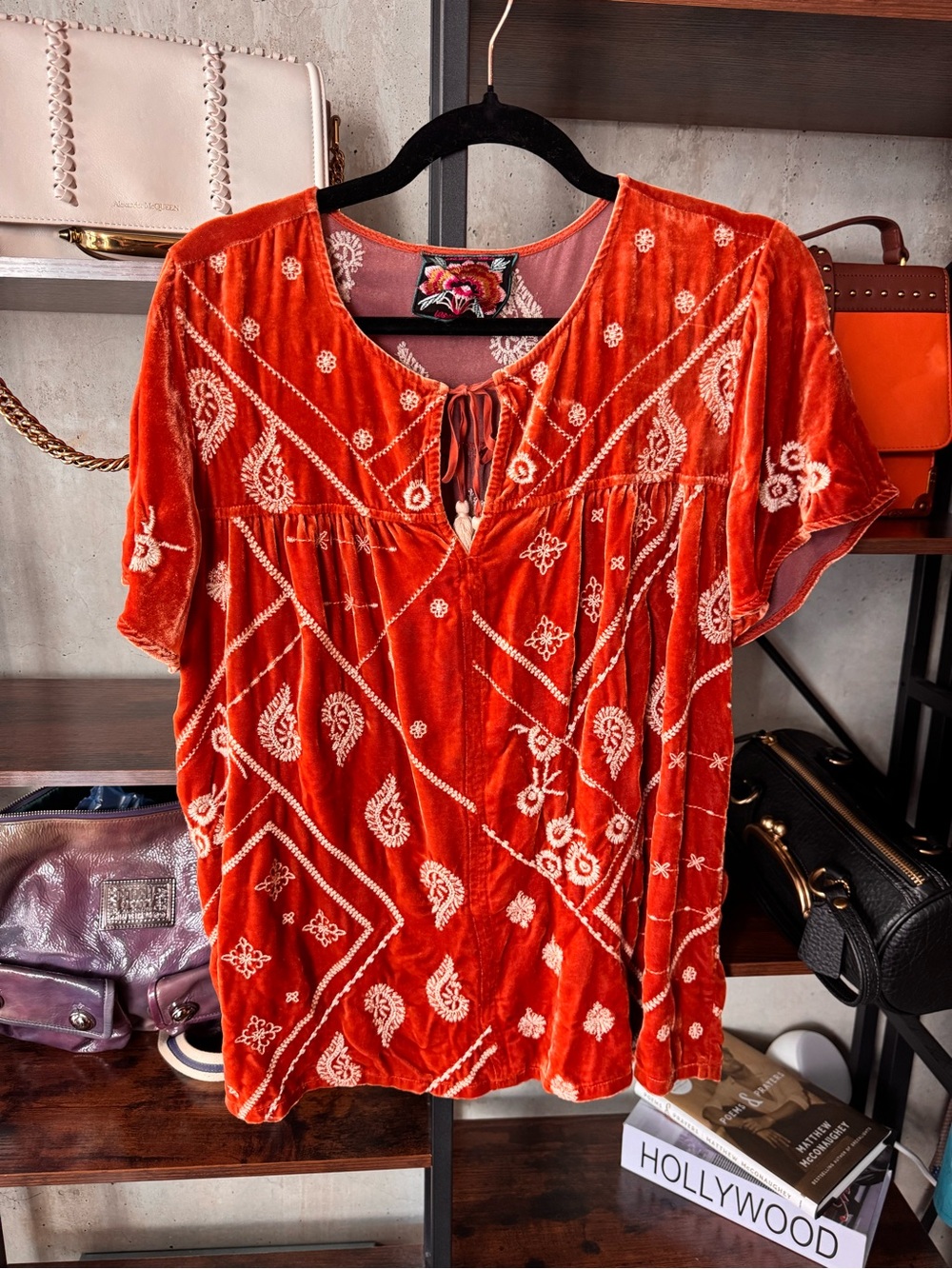 Johnny Was Embroidered Velvet Orange Women's Top - No Size Tag - PTP 20